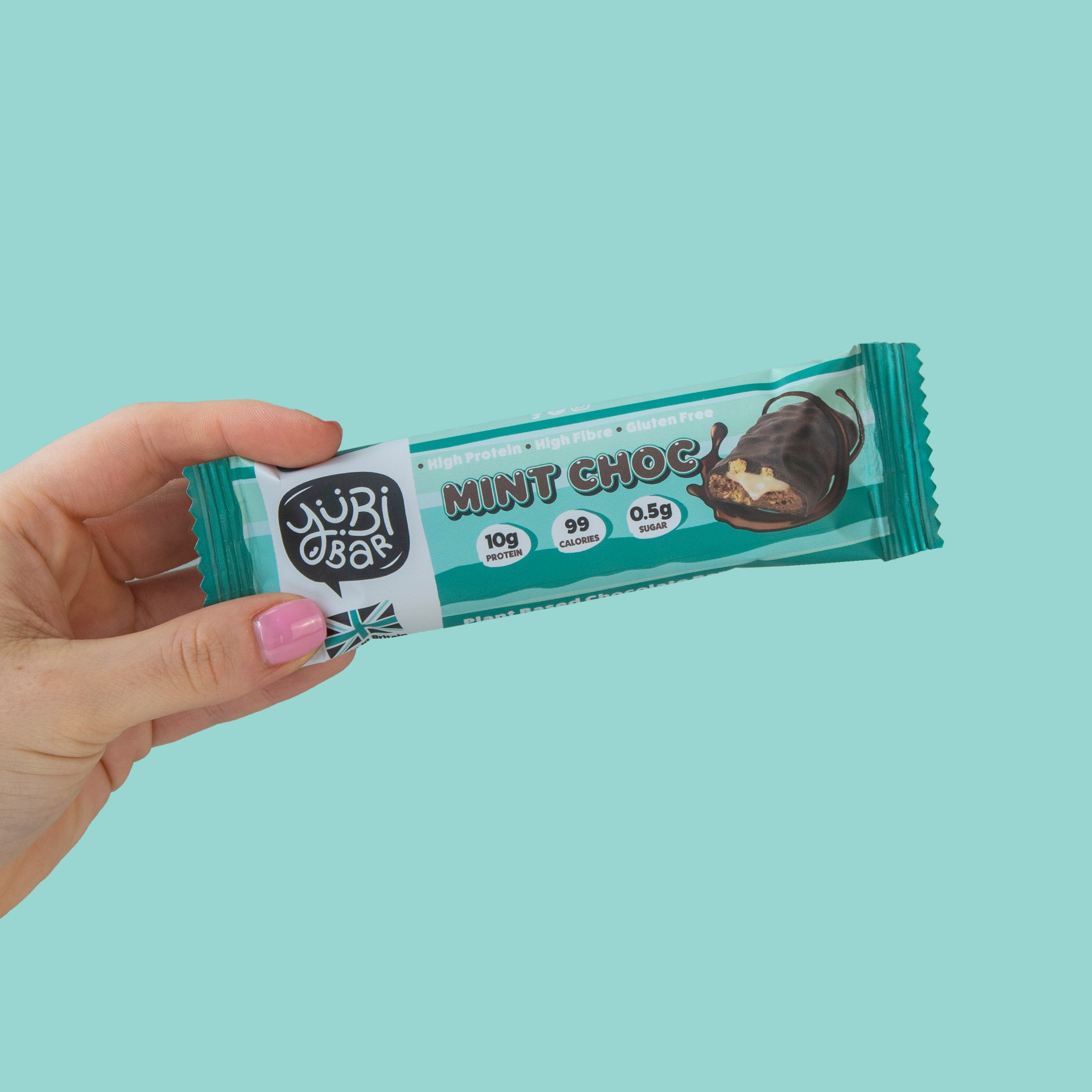 YubiBar Mint Choc Protein Bar in Womans hand