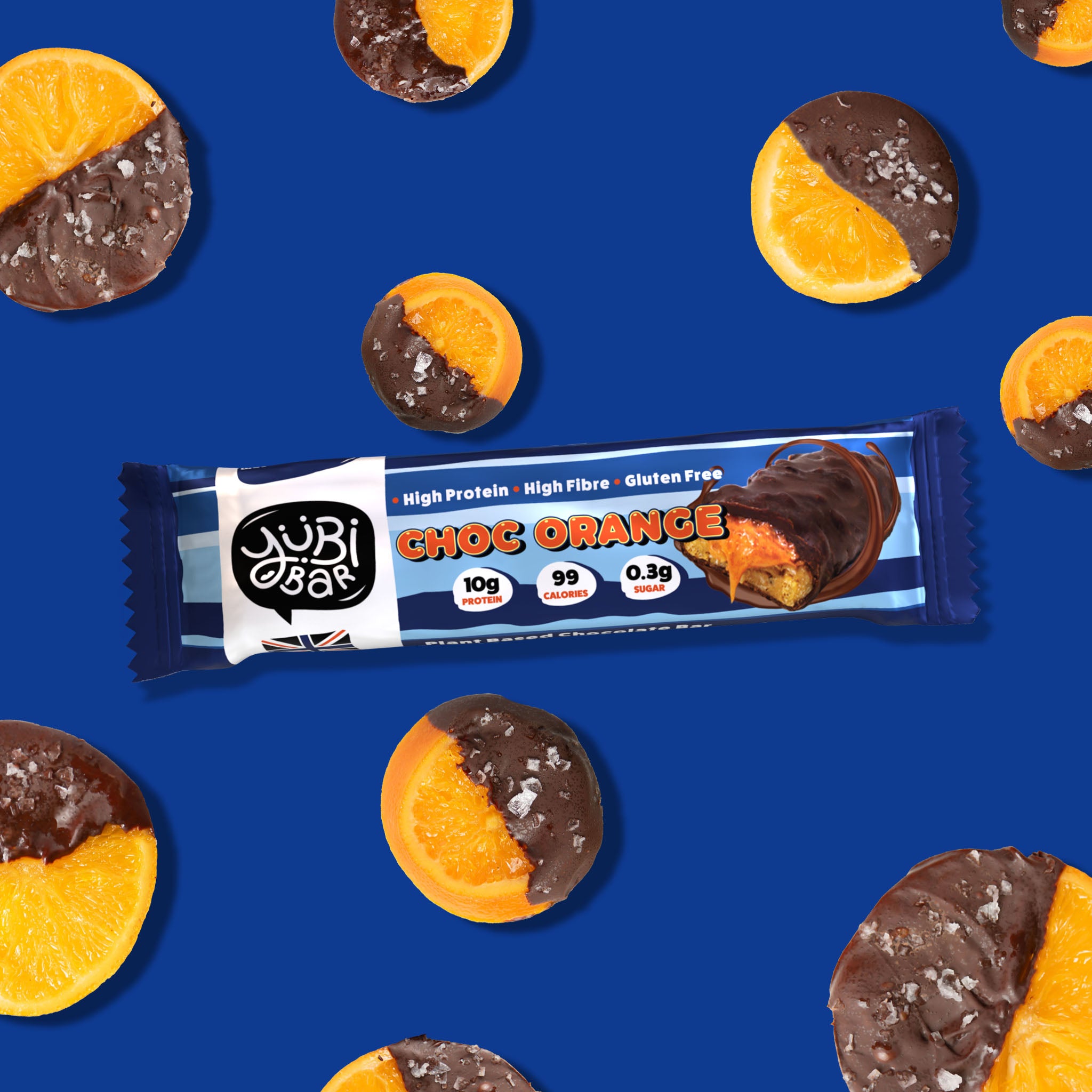 YubiBar Choc Orange protein bar surrounded by sliced oranges dipped into dark chocolate