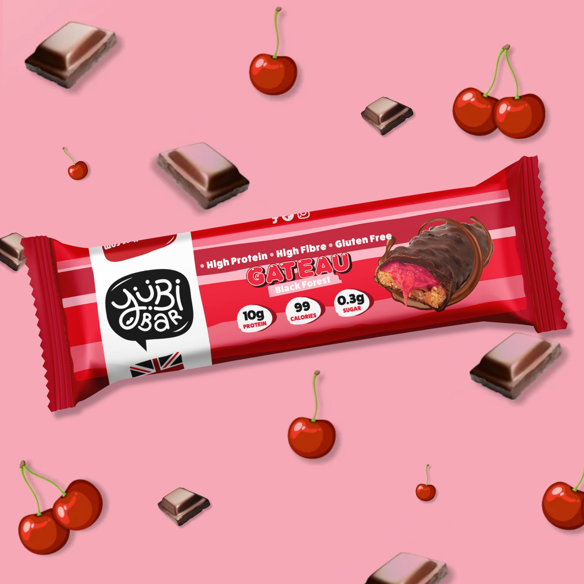 Black Forest Gateau Protein Bars with gooey cherry caramel