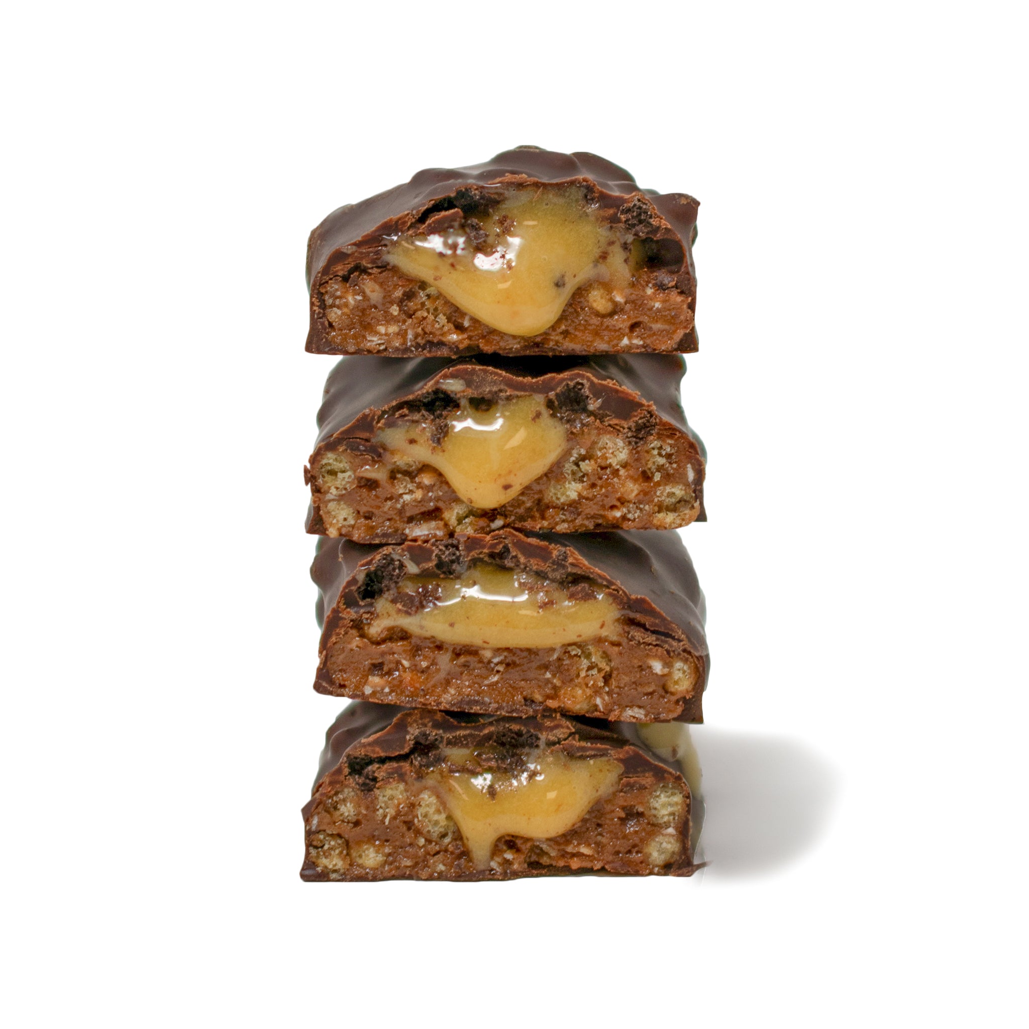 stack of yubibar Fudge Brownie Protein Bars showing the inside